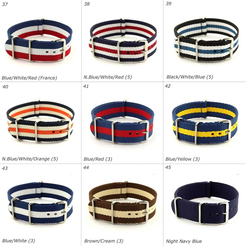 16mm 18mm 20mm 22mm 24mm Nylon Nato Watch Strap Band Fixed/Standard Lugs Black Grey Blue Green Red Brown Orange Yellow White Lilac Cream zdjęcie 6