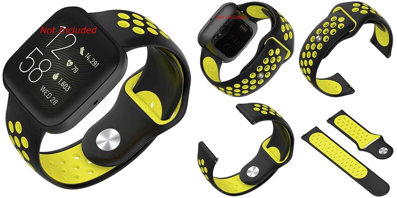 Peut inclure: Bracelet de montre en silicone noir et jaune avec un design perfor&eacute;. Le bracelet est compatible avec les montres intelligentes Fitbit Versa 3 et Sense.