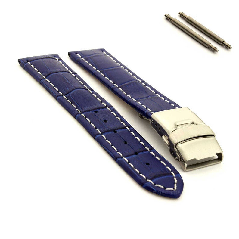 18 mm 20 mm 22 mm 24 mm 26 mm Bracelet de montre en cuir véritable pour homme, coutures blanches, boucle déployante en grain de croco marron noir bleu rouge vert Bleu