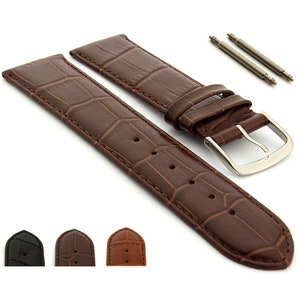May include: Brown leather watch strap with a crocodile pattern and a silver buckle. Includes two silver spring bars for attachment. Additional colour options are shown in black, medium brown, and light brown.