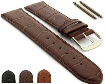 16mm 18mm 20mm 22mm 24mm 26mm Extra Long Genuine Leather Watch Strap Band Croco Grain Louisiana Stainless Steel Buckle - Black Brown