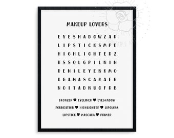 Makeup Wall Art, Makeup Print, Bathroom Decor, Makeup Wall Decor, Makeup Art, Bathroom Word Search, Makeup Artist Gift, Makeup Lover Gift