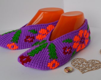 35/36EU, Purple women slippers with flowers, Best house women slipper socks, Christmas gift for mom, Crochet shoes, Slipper boots