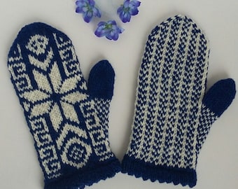 Ladies gloves, Hand knitted dark blue and white women gloves, Christmas gifts for her, Girlfriend gift, Winter knit accessories, Knit mitten