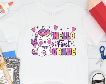 Camisa Olá da primeira série, camisa fofa de unicórnio de volta às aulas, camisa de unicórnio da primeira série, camisa do primeiro dia de aula para meninas, presente para amantes de unicórnio