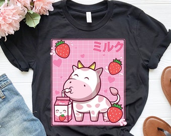Kawaii Pink Cow Shirt, Cute Strawberry Cow Milk Shirt, Anime Lover Shirt, Gift for Cow Lover Shirt, Japanese Otaku Shirt, Aesthetic Clothing