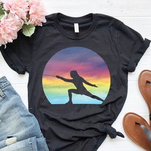 Women&#39;s Fencing Shirt, Girls Fencing Gift, Fencing Lover Shirt, Fencing Apparel, Gift for Fencer, Retro Sunset, Fencing Shirt For Girls