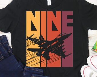 Fighter Jet Birthday Shirt for Kids, Retro Military Themed 9th Birthday Shirt, 9th Birthday Military Shirt, Airplane Birthday Shirt for Boys