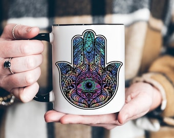 Colorful Hamsa Mug, Psychedelic Hamsa Coffee Mug, Mandala Hand of Fatima Mug, Hamsa Coffee Cup, Mystical Psychedelic Mug, Zen Coffee Mug