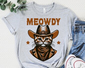 Shirt Meowdy, shirt grappig kattenshirt, shirt cowboykat, shirt western countrykat, kat draagt cowboyhoed, cadeau voor kattenliefhebber shirt, kattenhumor cadeau