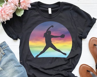 Softball Krug Shirt für Frauen | Retro Sonnenuntergang Shirt | Softball Geschenk für Mädchen | Softball Spieler Geschenk | Mädchen Jugend Softball Shirt