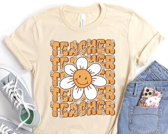Groovy Retro Camisa de maestro de primer grado, Camisa de maestro de flor de margarita, Regalo para camisa de maestro de 1er grado, Apreciación del maestro de regreso a la escuela