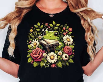 Floral Cottagecore Frog Shirt, Cute Frog Reading Book Shirt, Book Lover Shirt, Flower Cottagecore Aesthetic, Gift for Frog Lover Shirt