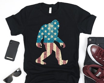 Bigfoot Shirt | Sasquatch Shirt | American Flag Shirt | Novelty Shirt | 'Merica Shirt | Distressed Flag | Funny Bigfoot Shirt