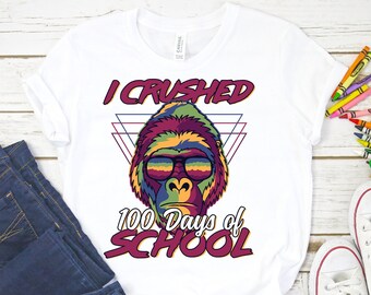 Aplasté la camisa 100 días de escuela, la camisa retro de gorila de los 80, el regalo de Gorilla Lover 100º día de camisa escolar para niños, regalo número 100 del día de escuela