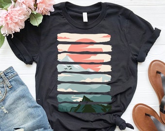 Camicia artistica al tramonto di montagna / camicia selvaggia / camicia all'aperto / camicia da trekking / camicia paesaggio naturale / camicia avventura / regalo escursionistico
