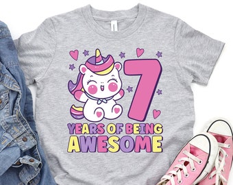 7 Years of Being Awesome Shirt, Cute Unicorn Birthday Party Shirt for Girls, 7th Birthday Shirt, Unicorn Lover Shirt for Kids, Seven