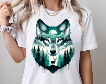 Majestic Wolf Shirt, Nature Lover Shirt, Serene Forest Shirt, Watercolor Wolf Shirt, Gift for Wolf Lover Shirt, Wolf Howling Moon Shirt