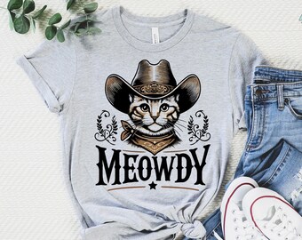 Shirt Meowdy, shirt grappig kattenshirt, shirt cowboykat, shirt western countrykat, kat draagt cowboyhoed, cadeau voor kattenliefhebber shirt, shirt kat woordspeling