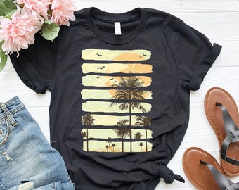 Chemise coucher de soleil d’été | Chemise palmier | Chemise de plage | Chemise de vacances Paradise | Chemise de plage | Chemise artistique de temps d’été