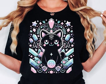 Cat Crystal Alchemy Shirt, Cute Black Cat Shirt, Pink Pastel Goth Clothing, Kawaii Cat Shirt, Witchcore Mystical Shirt, Cat Lover Gift