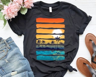 Summer Sunset Shirt | Palm Tree Shirt | Beach Shirt | Paradise Vacation Shirt | Artistic Shirt | Artistic Clothing | Clear Blue Water