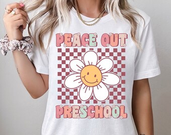 Peace Out Preschool Shirt, Cute Groovy Last Day of Pre-K Shirt for Teachers, Retro Last Day of School Shirt for Kids, Groovy Flower Tee