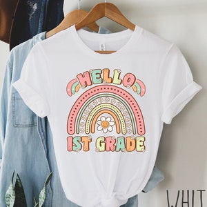 Hello First Grade Shirt, Boho Rainbow Groovy First Day of School Shirt for Kids, Back to School Shirt For Teachers, First Day of 1st Grade