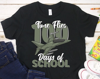 Time Flies 100 Days of School Cool Military Fighter Jet Shirt, Military Aircraft Lover Shirt, Fighter Jet 100th Day of School Shirt For Boys