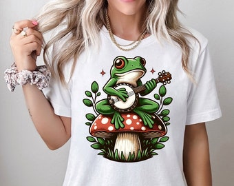 Cute Cottagecore Frog Shirt, Whimsical Frog Playing Banjo Shirt, Toadstool Mushroom Shirt, Cottagecore Aesthetic, Gift for Frog Lover Shirt