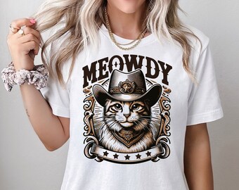 Shirt Meowdy, shirt grappig kattenshirt, shirt cowboykat, vintage western kattenshirt, kat draagt cowboyhoed, cadeau voor kattenliefhebber shirt, kattenhumor cadeau