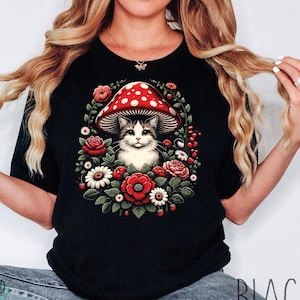 Floral Cottagecore Cat Shirt, Cute Cat Mushroom Hat Shirt, Toadstool Mushroom Shirt, Flower Cottagecore Aesthetic, Gift for Cat Lover Shirt