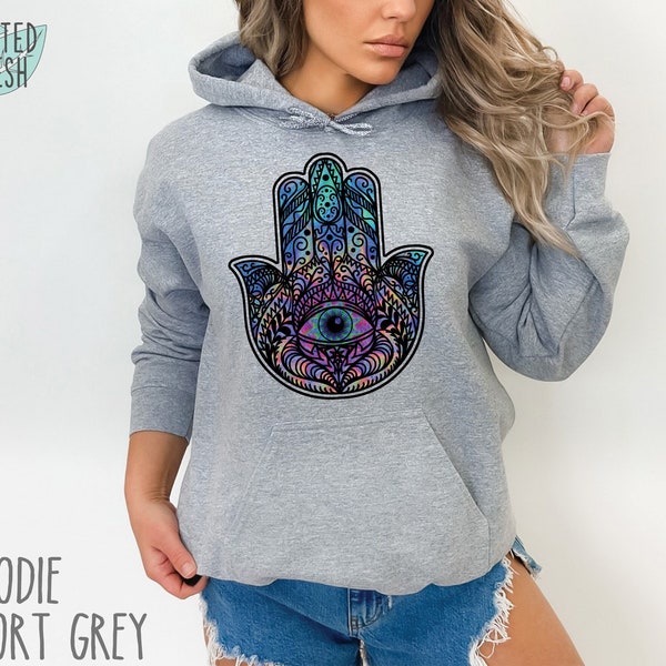 Colorful Hamsa Sweatshirt, Psychedelic Hamsa Hoodie, Hamsa Hand Sweatshirt, Mandala Hand of Fatima Sweatshirt, Mystical Psychedelic Clothing