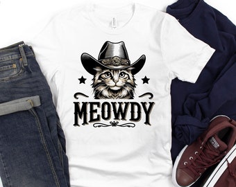 Shirt Meowdy, shirt grappig kattenshirt, shirt cowboykat, shirt western countrykat, kat draagt cowboyhoed, cadeau voor kattenliefhebber shirt, shirt kat woordspeling