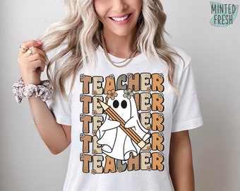 Camisa de maestro espeluznante, camisa de Halloween groovy para maestros, camisa de disfraz de Halloween divertido fantasma lindo, camisa de temporada espeluznante, fiesta de Halloween