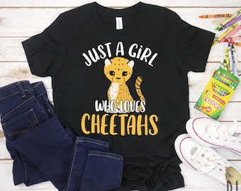 Camiseta "Just A Girl Who Loves Cheetahs" / Linda camiseta de guepardo para niños / Regalo para amantes de los guepardos / Regalo de cumpleaños de cachorro de guepardo / Camiseta de gato grande salvaje