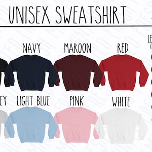 Puede incluir: Sudadera unisex en varios colores, incluyendo negro, azul marino, granate, rojo, gris deportivo, azul claro, rosa y blanco. La imagen muestra la sudadera en diferentes tallas con las medidas de longitud y anchura correspondientes en pulgadas.