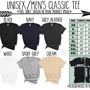 K&ouml;nnte beinhalten: Unisex Classic T-Shirt in Schwarz, Marine, Grau meliert, Wei&szlig;, Sportgrau und Creme. Das Shirt ist in verschiedenen Gr&ouml;&szlig;en mit Ma&szlig;en in Zoll f&uuml;r Breite und L&auml;nge dargestellt.