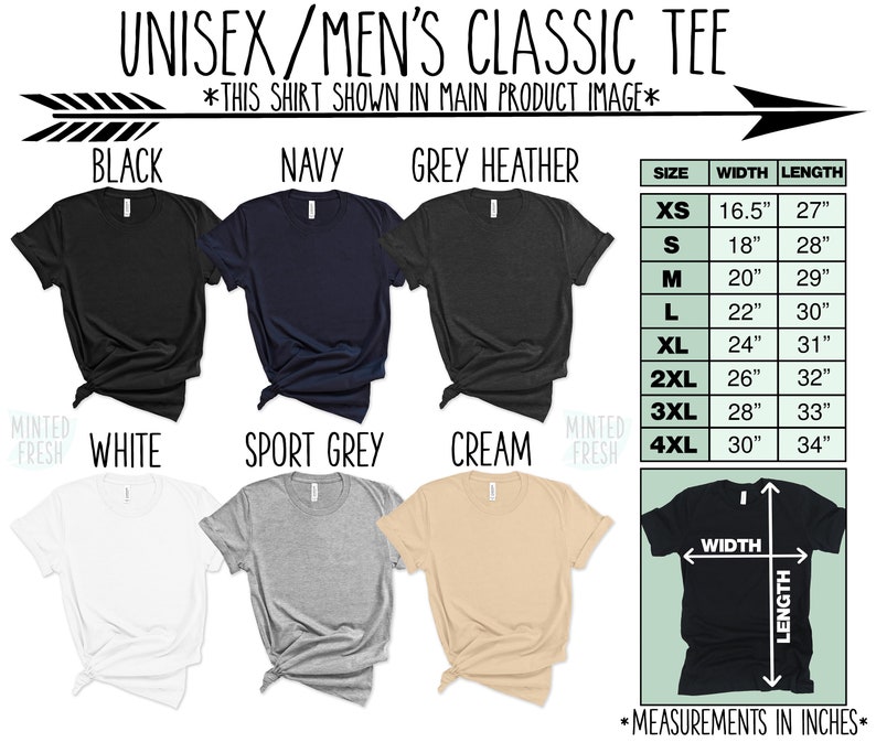 K&ouml;nnte beinhalten: Unisex Classic T-Shirt in Schwarz, Marine, Grau meliert, Wei&szlig;, Sportgrau und Creme. Das Shirt ist in verschiedenen Gr&ouml;&szlig;en mit Ma&szlig;en in Zoll f&uuml;r Breite und L&auml;nge dargestellt.
