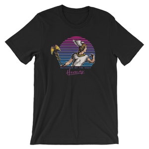 May include: Black t-shirt with a retro-style graphic of Hermes, the Greek god, holding a caduceus. The graphic features a sunset background with a striped design. The text "Messenger of the Gods Hermes" is printed below the graphic.