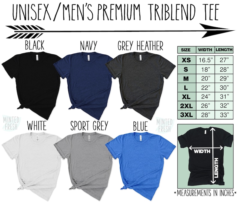 Puede incluir: Una camiseta unisex de triblend en negro, azul marino, gris jaspeado, blanco, gris deportivo y azul. La camiseta est&aacute; disponible en tallas XS a 3XL. La tabla de tallas muestra el ancho y la longitud de cada talla en pulgadas.
