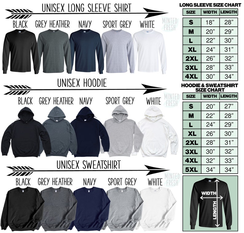 May include: Size chart for unisex long sleeve shirts, hoodies, and sweatshirts. The chart shows the width and length measurements in inches for sizes S through 5XL. The colors available are black, grey heather, navy, sport grey, and white.
