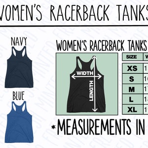 May include: Size chart for racerback tanks in black, navy, white, and blue. The chart shows measurements in inches for sizes XS, S, M, L, and XL. The measurements include width and length.