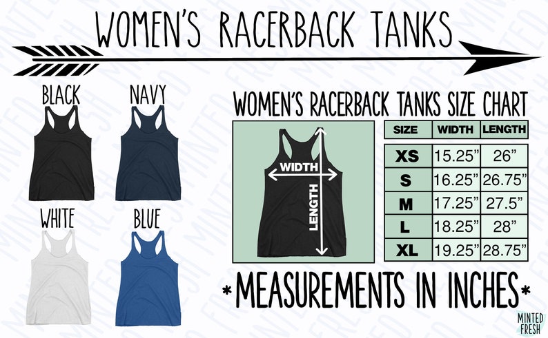 May include: Size chart for racerback tanks in black, navy, white, and blue. The chart shows measurements in inches for sizes XS, S, M, L, and XL. The measurements include width and length.