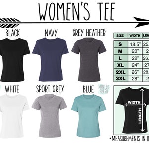 May include: A chart showing different colors of women's t-shirts with size and measurement information in inches. The colors include black, navy, grey heather, white, sport grey, and blue.