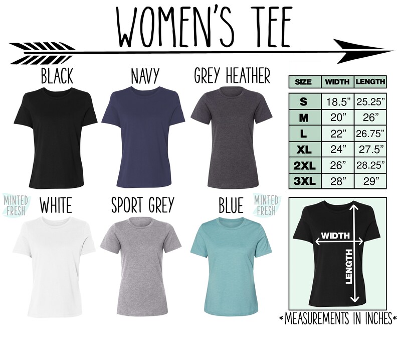 May include: A chart showing different colors of women's t-shirts with size and measurement information in inches. The colors include black, navy, grey heather, white, sport grey, and blue.
