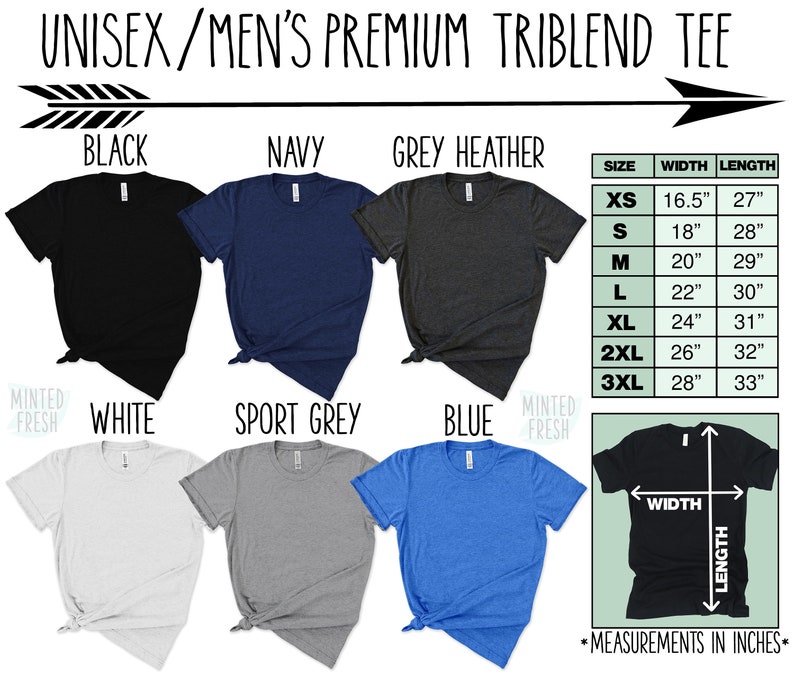 May include: A unisex triblend t-shirt in black, navy, grey heather, white, sport grey, and blue. The t-shirt is available in sizes XS to 3XL. The size chart shows the width and length of each size in inches.