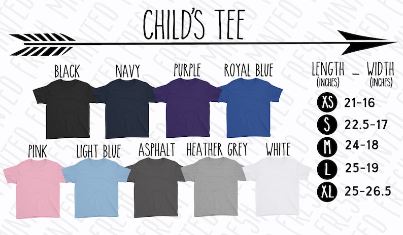 Może przedstawiać: Wykres przedstawiający r&oacute;żne kolory i rozmiary dostępne dla dziecięcego t-shirt. Kolory to czarny, granatowy, fioletowy, niebieski kr&oacute;lewski, r&oacute;żowy, jasnoniebieski, asfalt, szary melanż i biały. Rozmiary to XS, S, M, L i XL. Długość i szerokość każdego rozmiaru są podane w calach.