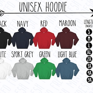 Puede incluir: Sudadera con capucha unisex en varios colores, incluyendo negro, azul marino, rojo, granate, blanco, gris deportivo, verde y azul claro. Tabla de tallas con medidas de longitud y ancho en pulgadas.