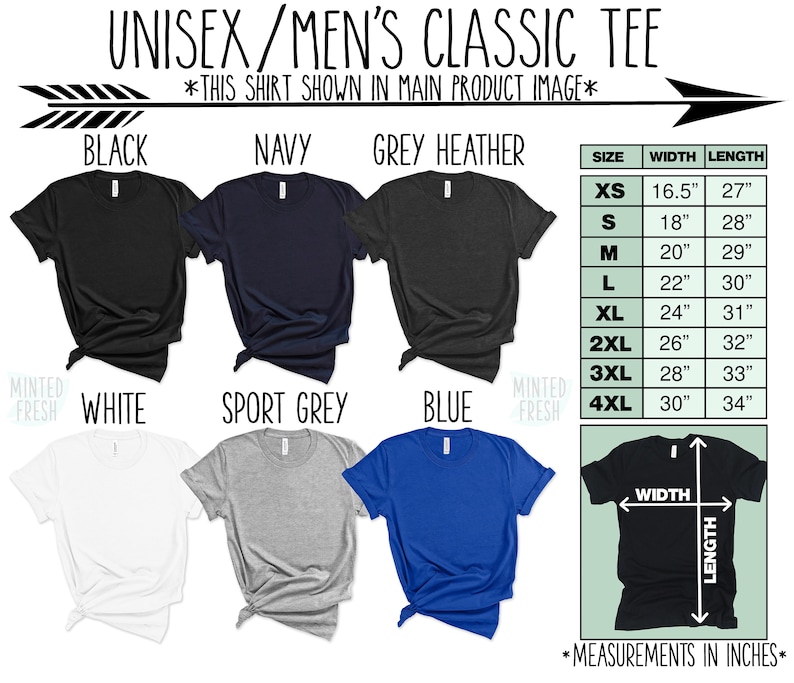 May include: A unisex classic tee shirt in various colors, including black, navy, grey heather, white, sport grey, and blue. The shirt is shown in different sizes with measurements for width and length in inches.